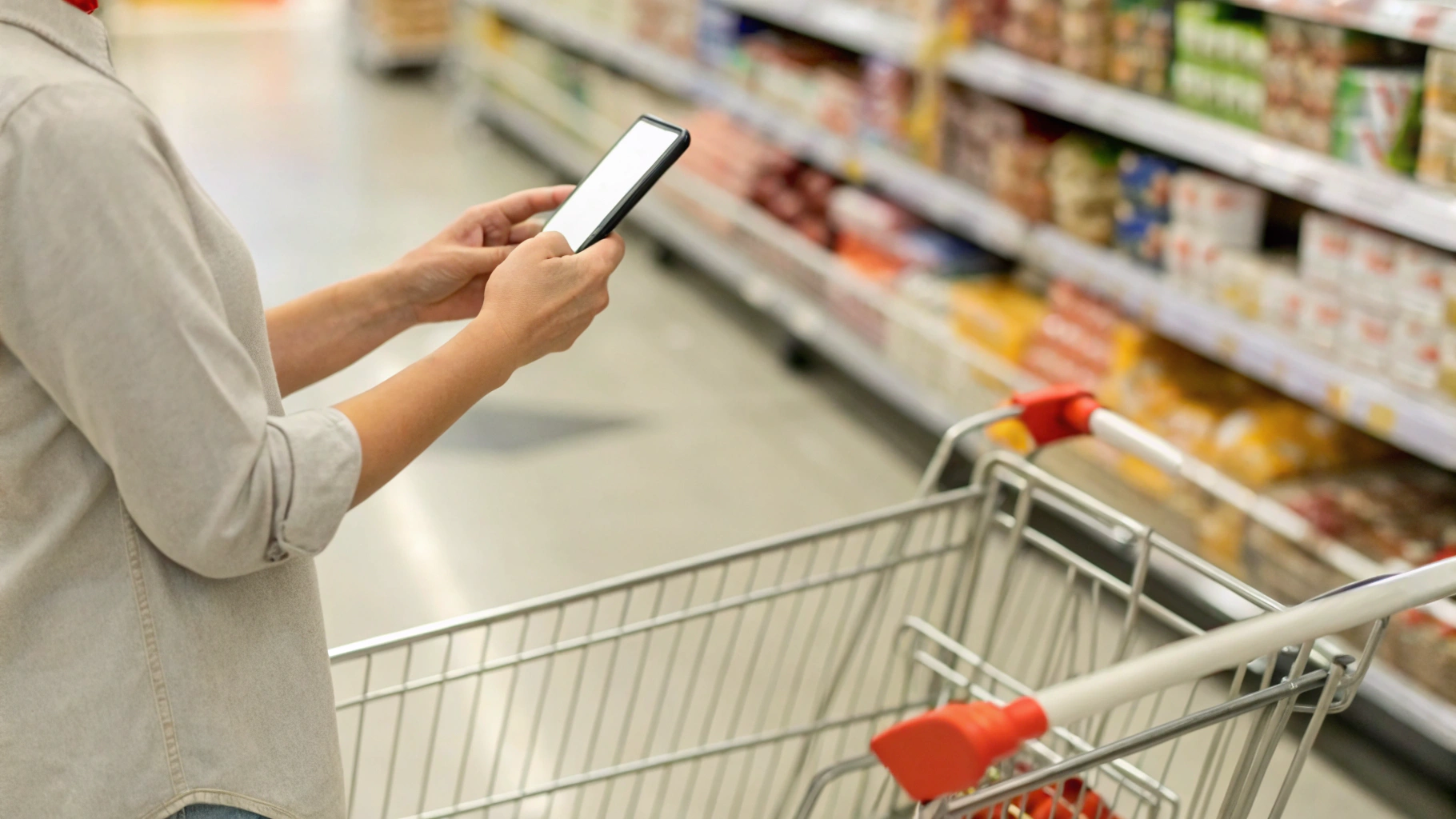 Покупатель добавляет товар в общий список покупок на смартфоне рядом с тележкой