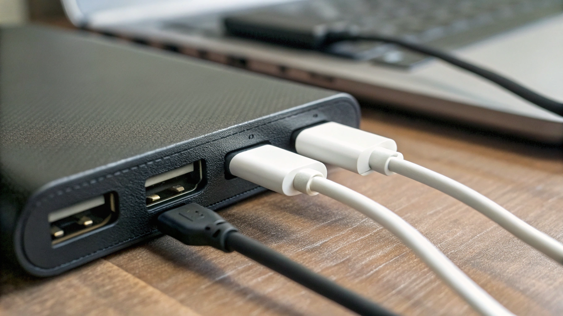 Порты пауэрбанка с подключенными кабелями USB‑C и USB‑A