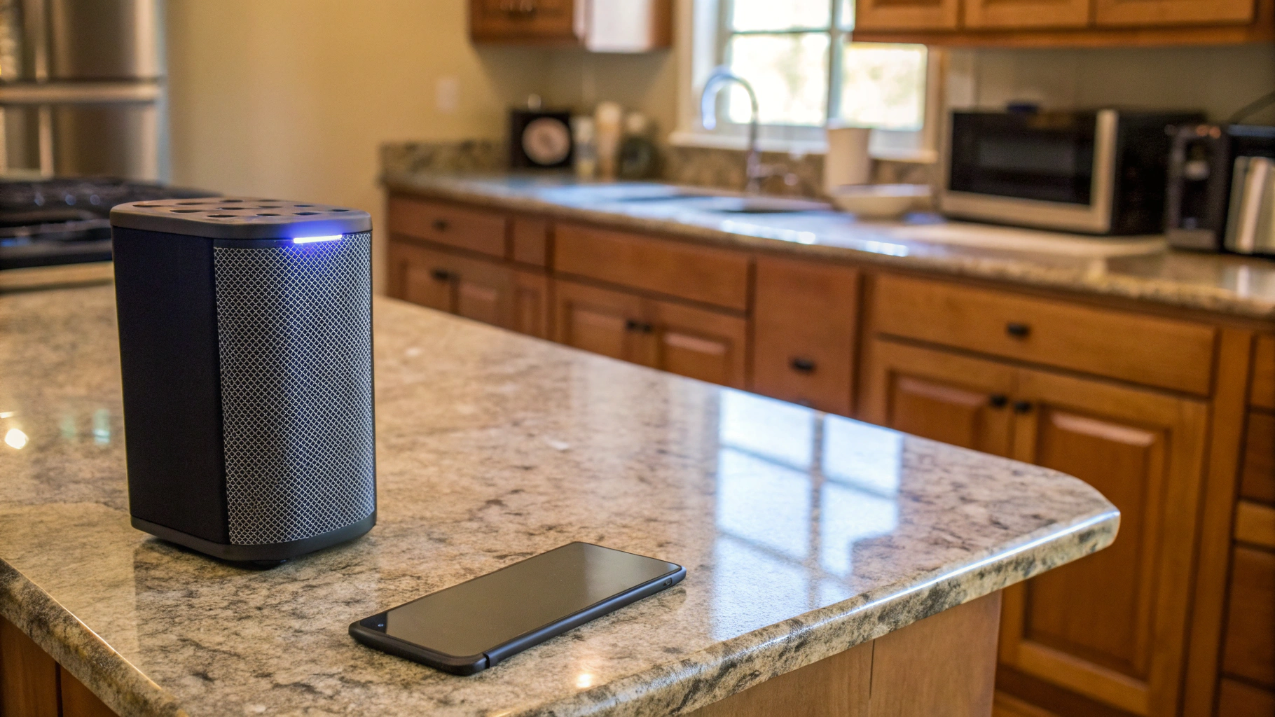 Bluetooth‑колонка на кухне рядом со смартфоном: компактный семейный сценарий
