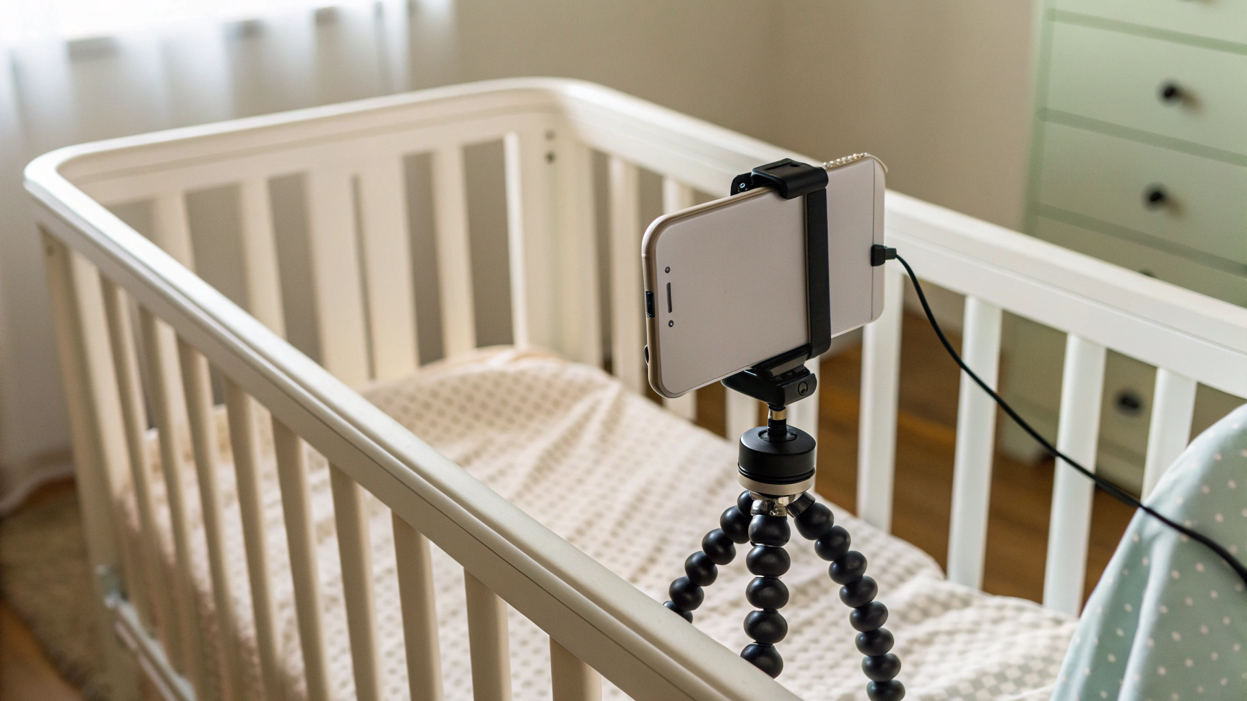Смартфон на штативе у детской кроватки: пример безопасной установки и питания