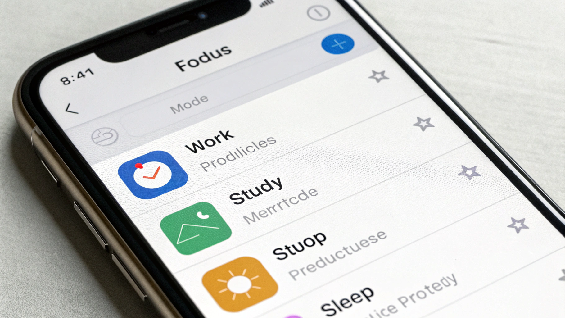 Экран настроек фокусирования на iPhone с профилями «Работа», «Учёба» и «Сон»