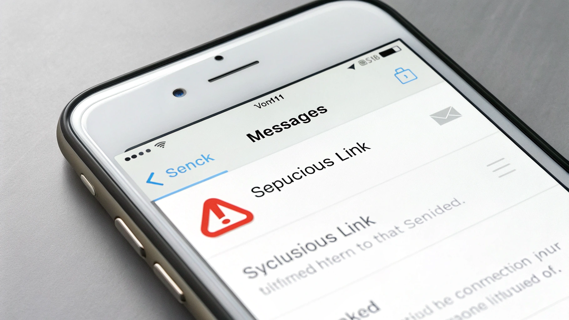 Сообщение на iPhone с предупреждением о подозрительной ссылке и признаках фишинга