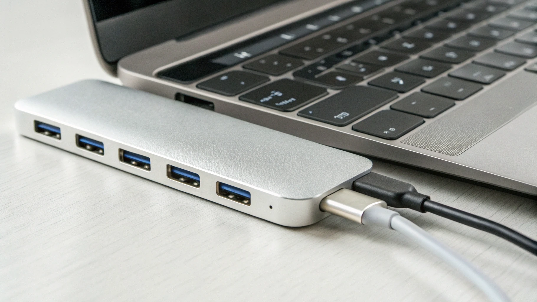 Крупный план USB‑C хаба с HDMI, USB‑A, SD и Ethernet рядом с MacBook