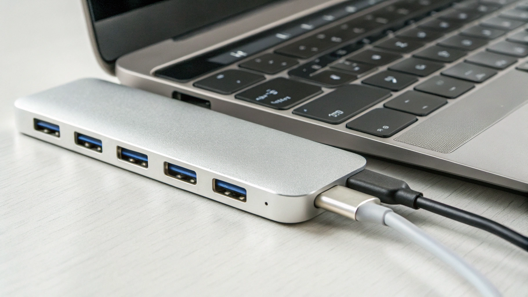 Крупный план USB‑C хаба с HDMI, USB‑A, SD и Ethernet рядом с MacBook