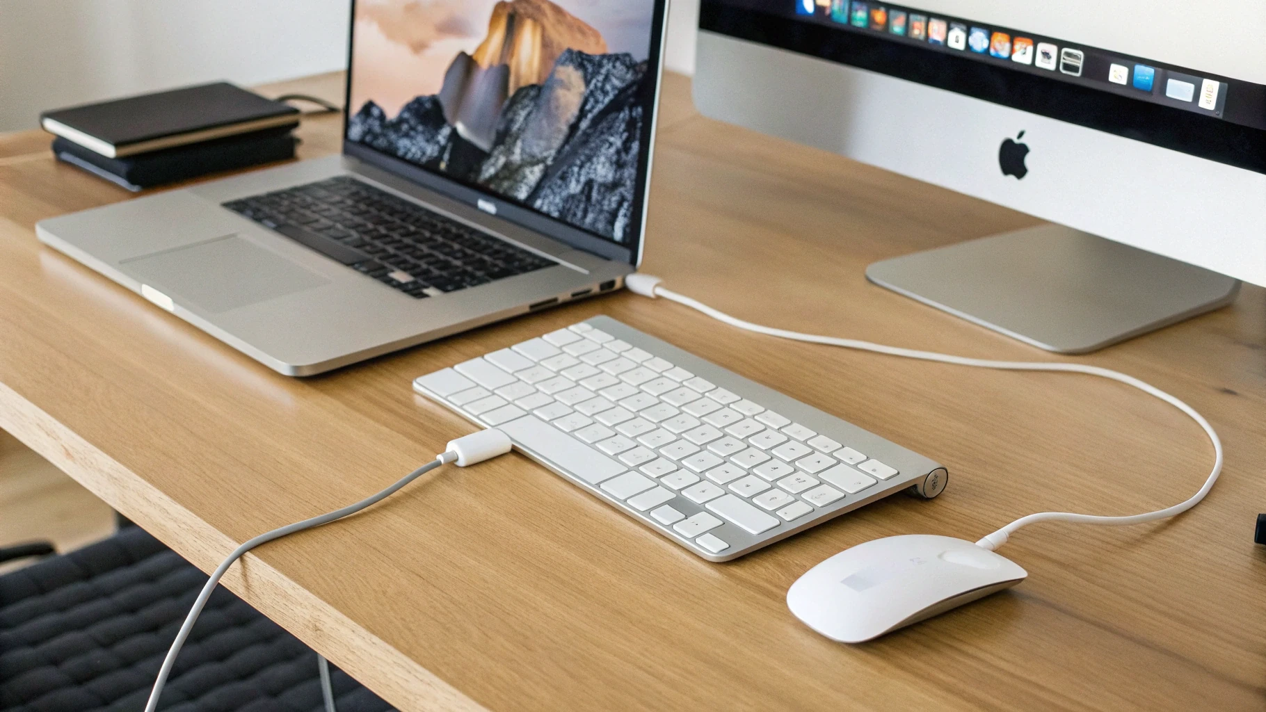 MacBook подключён к внешнему монитору, рядом зарядка USB‑C и аккуратно уложенные кабели