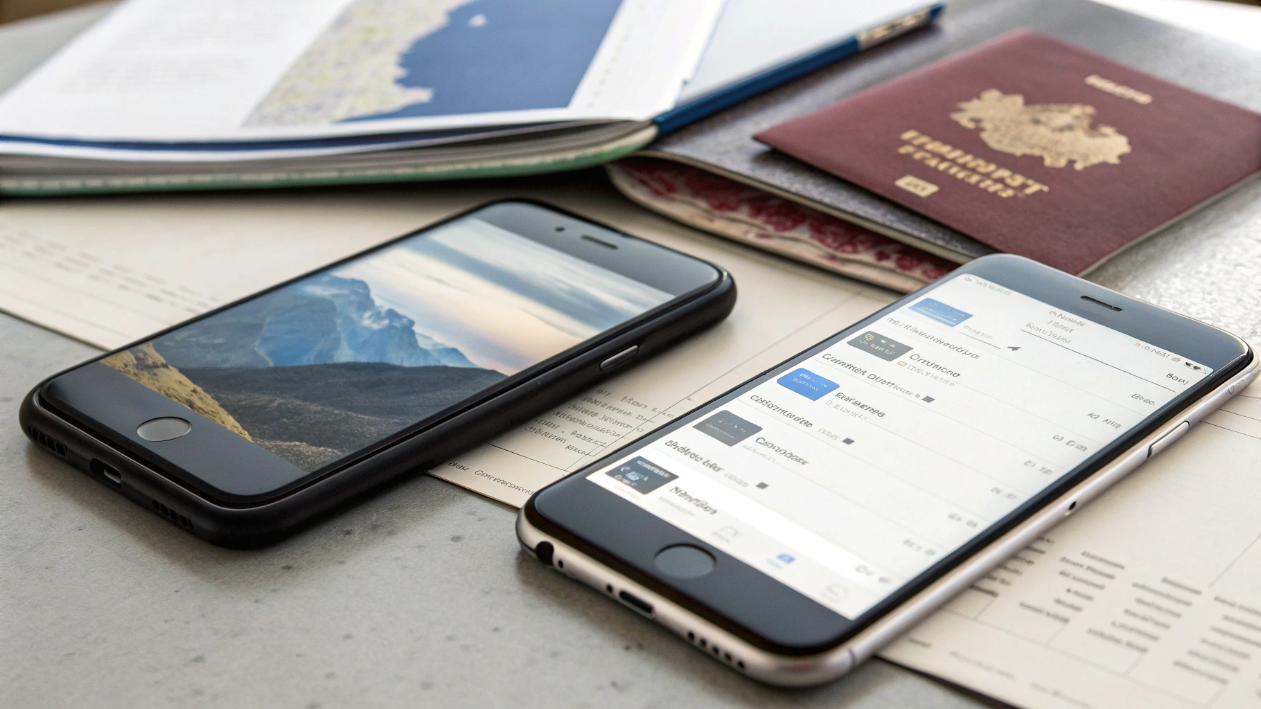 Два смартфона с меню Dual SIM рядом с документами для поездки на столе