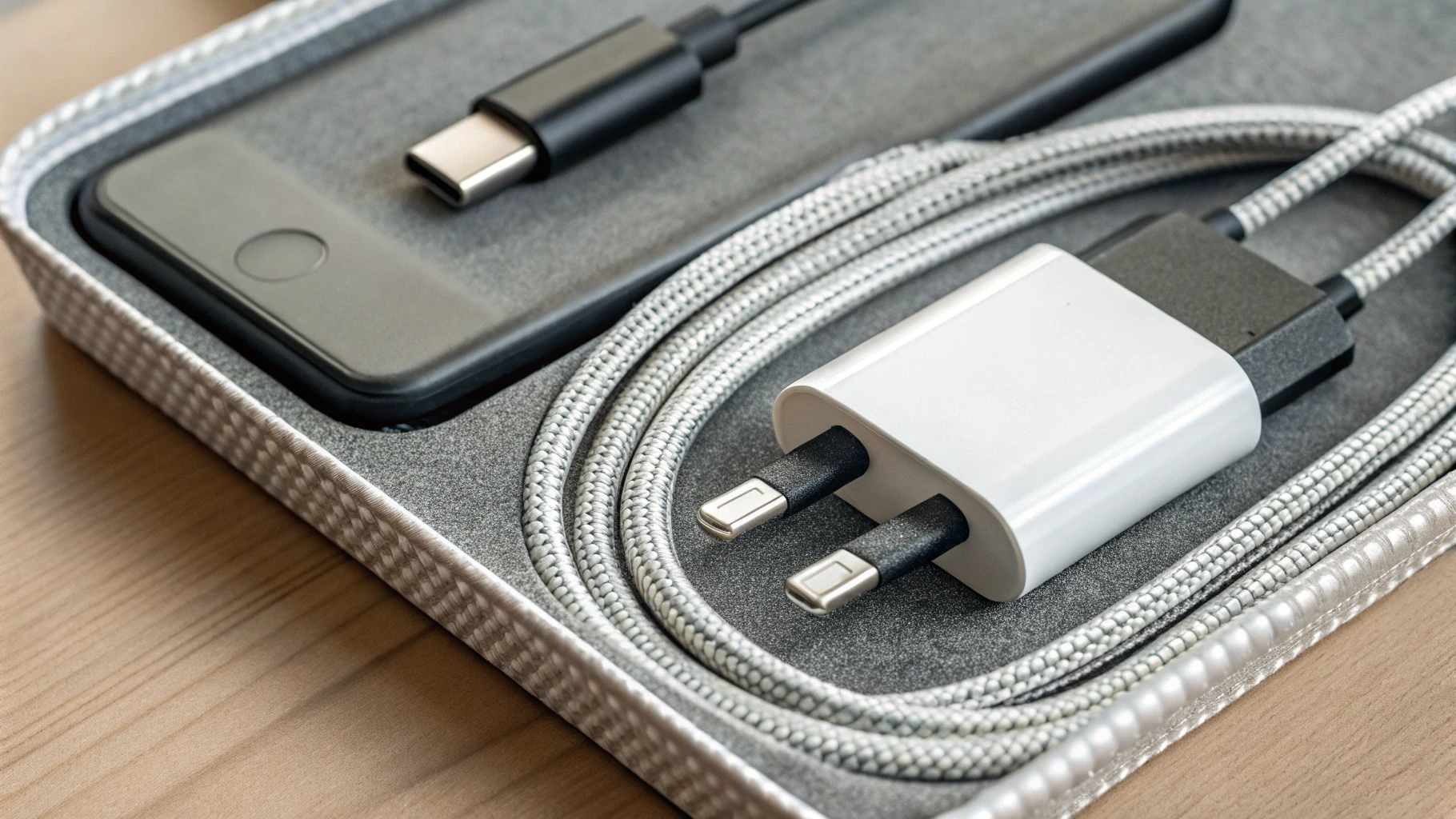 Крупный план характеристик Output на адаптере и упаковке USB‑C кабеля
