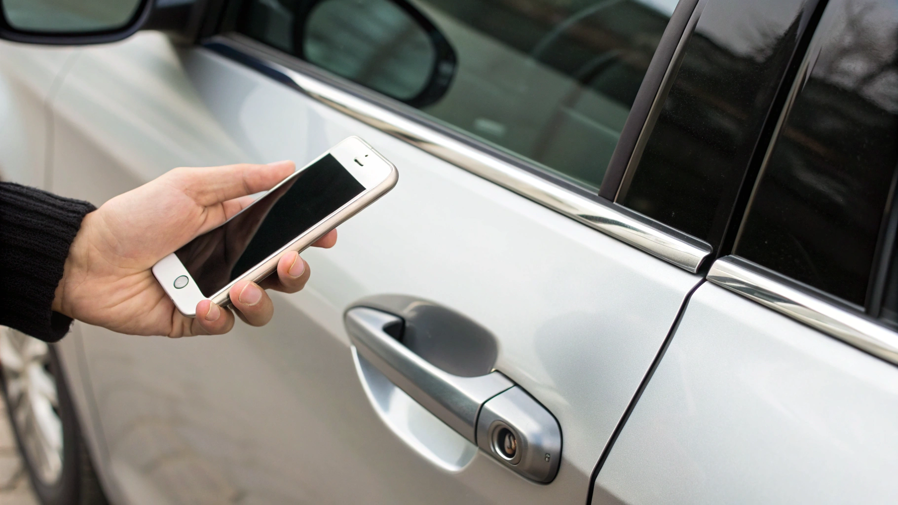 Использование цифрового ключа автомобиля на iPhone у ручки двери