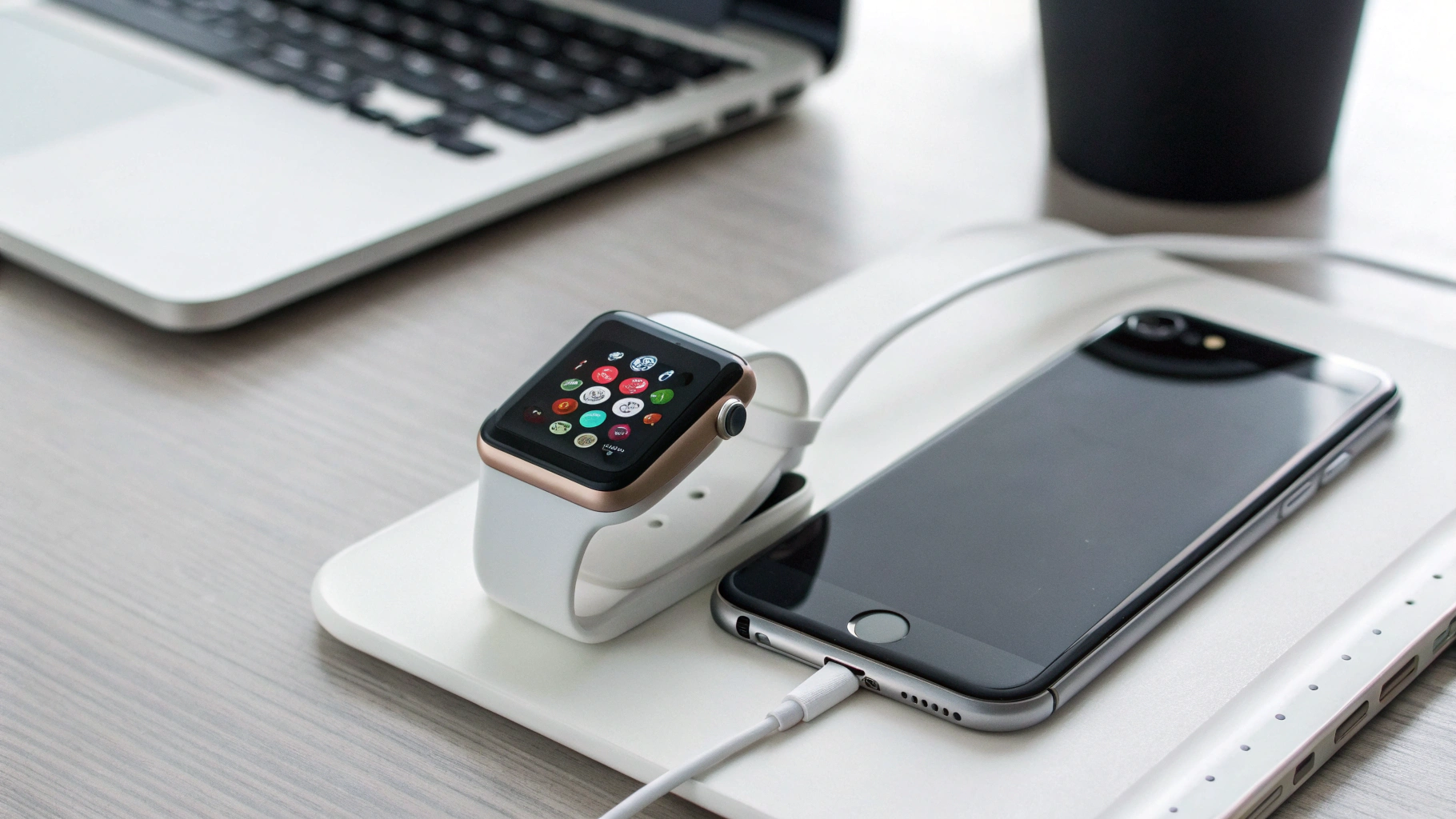 Apple Watch на зарядке рядом с iPhone на столе