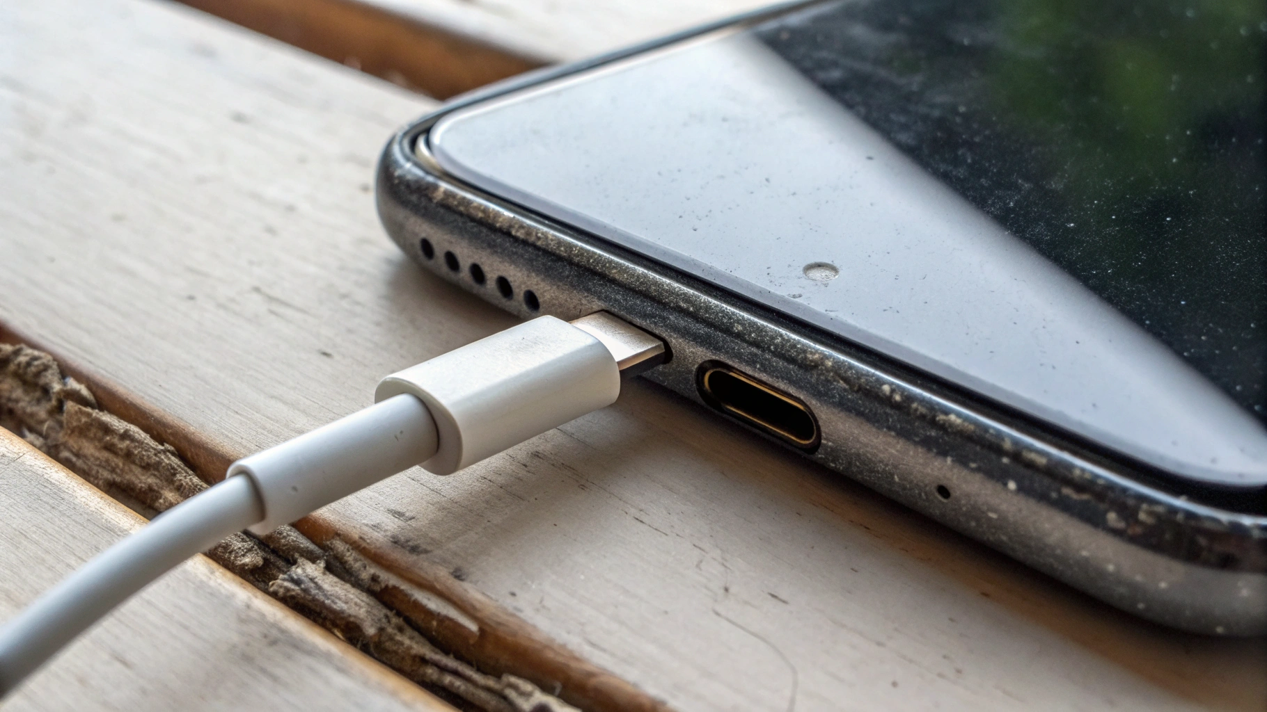 Крупный план коннектора USB‑C и порта зарядки смартфона: износ и загрязнение контактов
