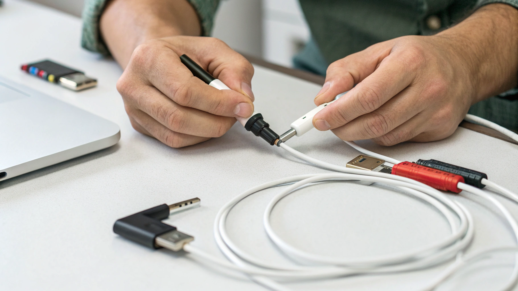 Проверка USB‑C кабеля и разъёмов, тестер e‑marker на столе