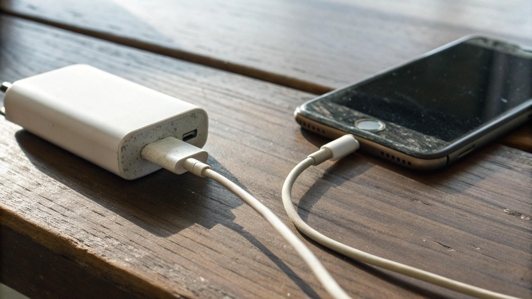 Кабель и адаптер для зарядки рядом со смартфоном, намёк на проверку разъёма