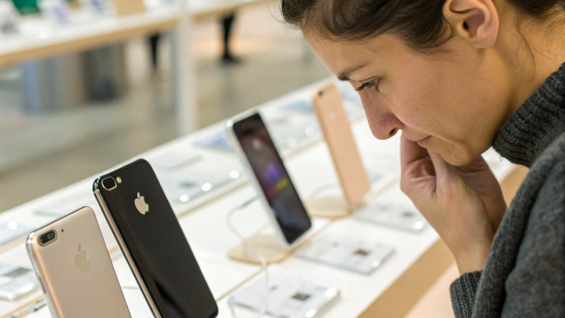 Покупатель сравнивает модели iPhone по характеристикам в магазине