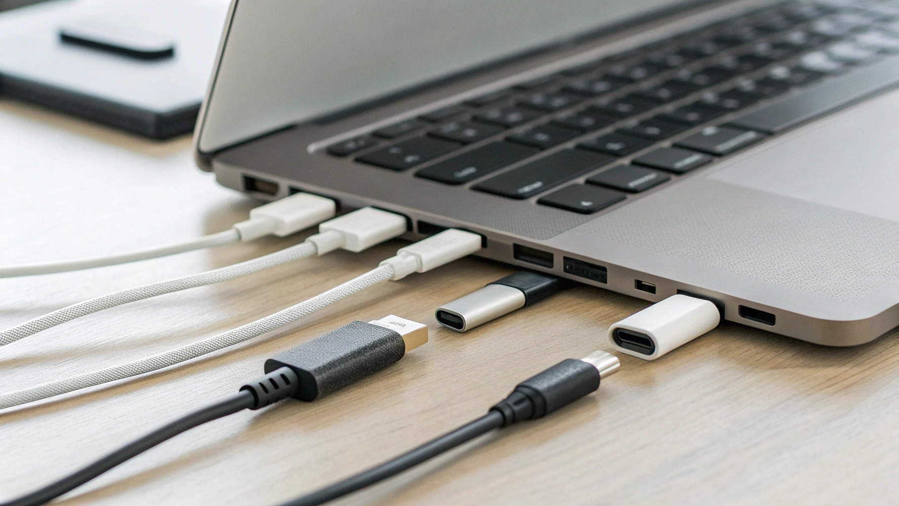 Кабели и переходники USB‑C рядом с MacBook: пример аксессуаров, которые поддерживают вывод изображения