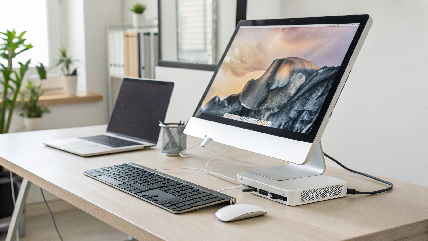 MacBook работает с закрытой крышкой (clamshell) и подключён к внешнему монитору с питанием и клавиатурой