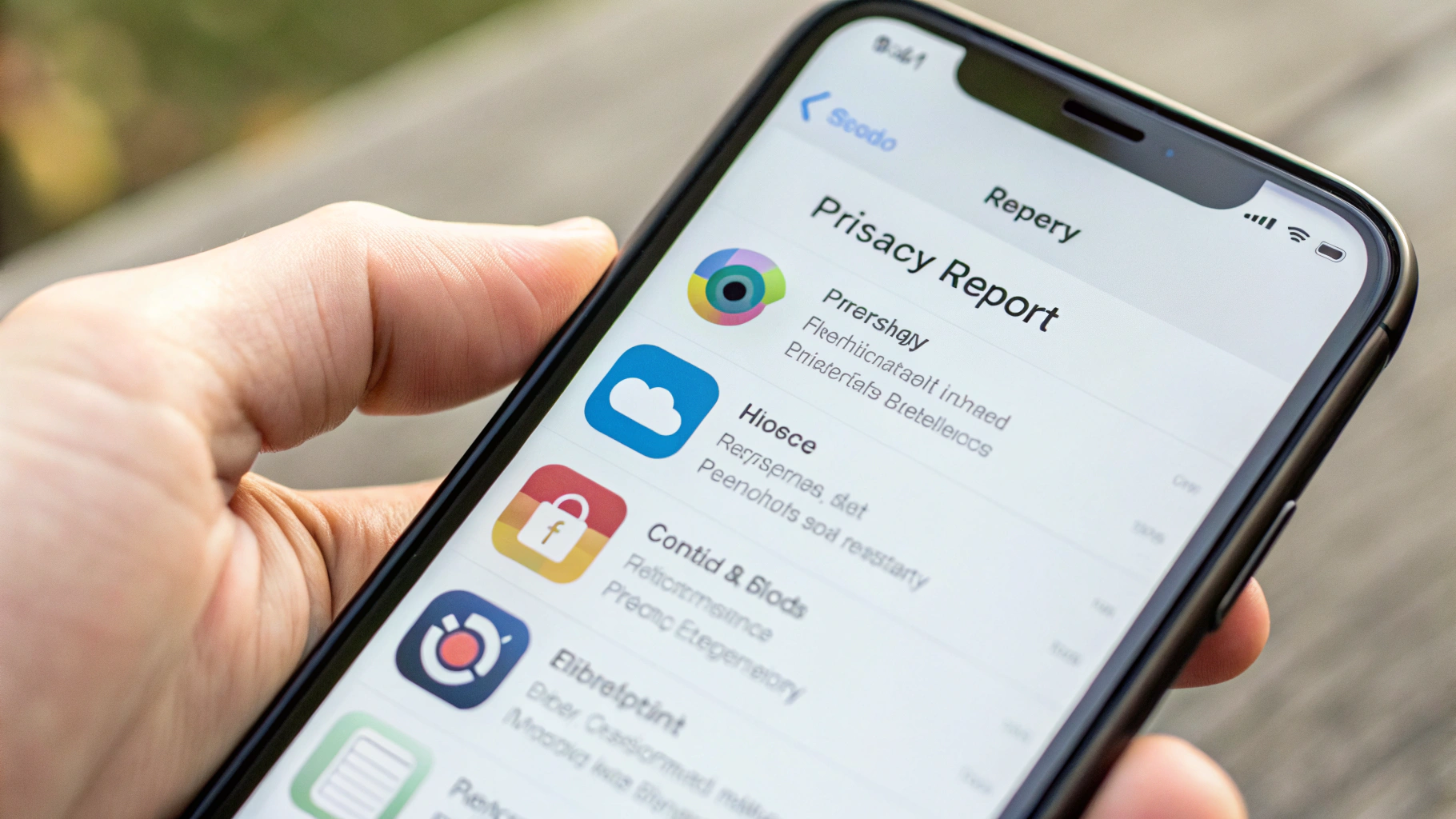 Экран iPhone с «Отчётом о конфиденциальности приложений» и обращениями к местоположению