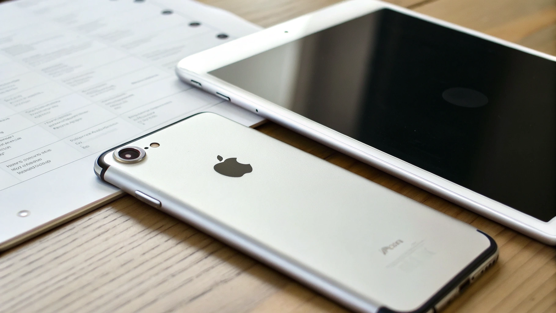 Сравнение характеристик iPhone и iPad: чип, камера, экран и память на листе рядом с устройствами