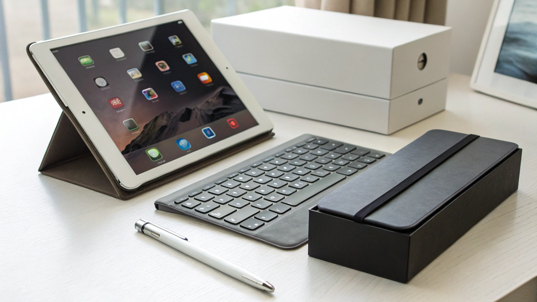 iPad с клавиатурой и стилусом рядом с коробками старой и новой модели: оценка стоимости комплекта