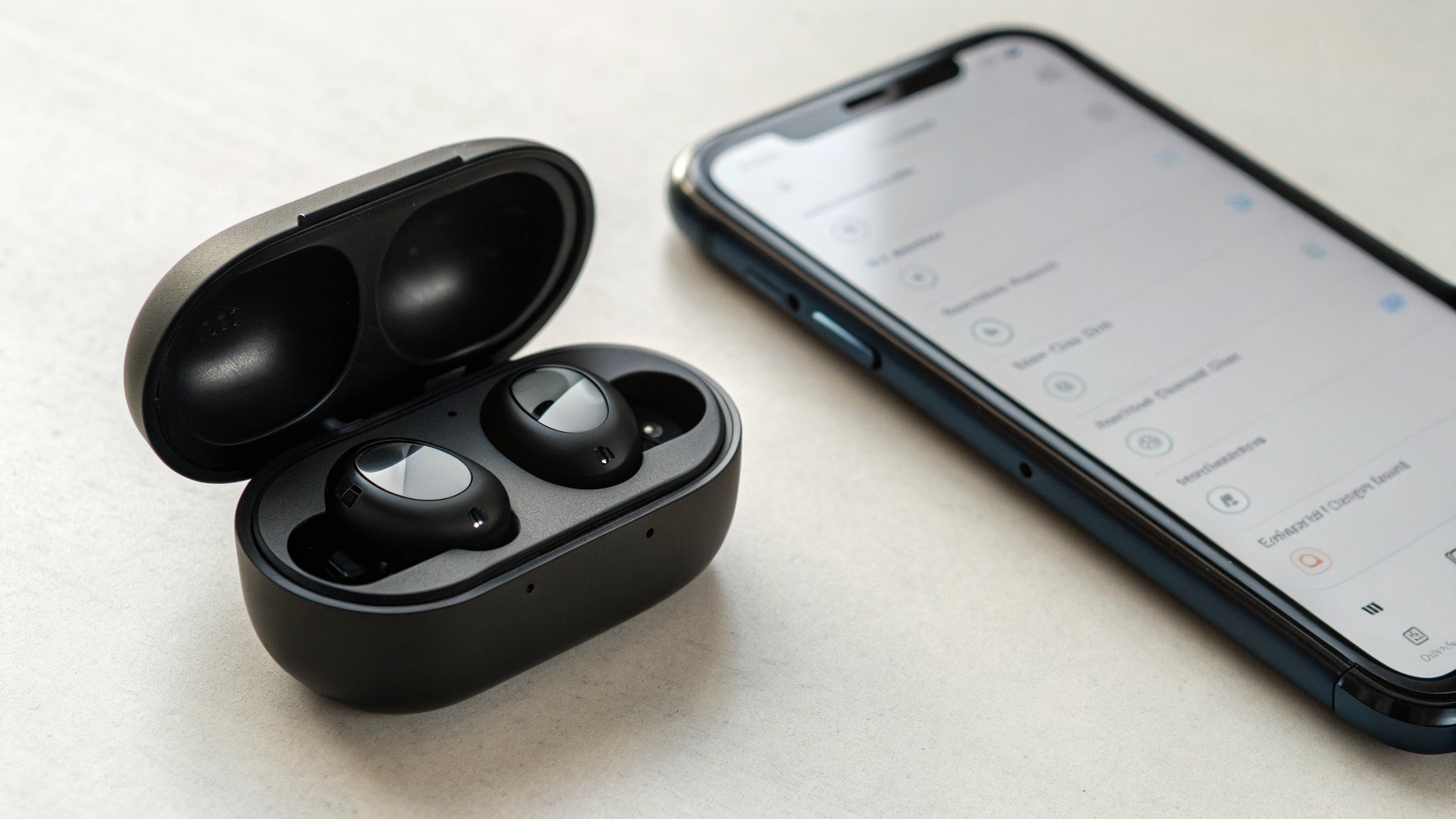 Настройки Bluetooth на смартфоне и наушники в открытом кейсе