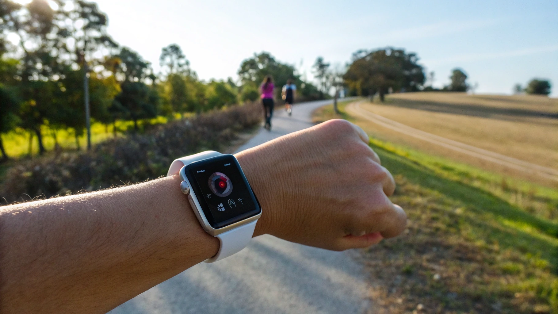 Apple Watch во время прогулки на улице с запущенной тренировкой для калибровки шагов и дистанции