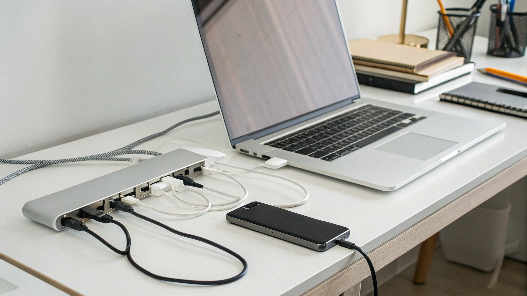 USB‑C хаб рядом с ноутбуком — пример устройства, которое может вызывать пробуждения