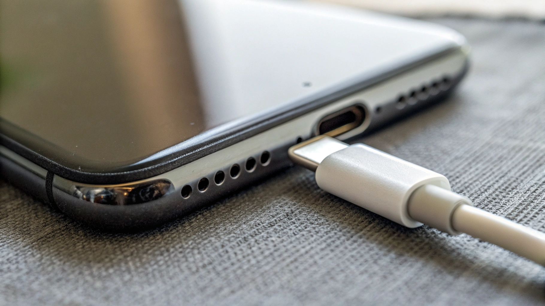 Разъём USB‑C на смартфоне и штекер кабеля крупным планом