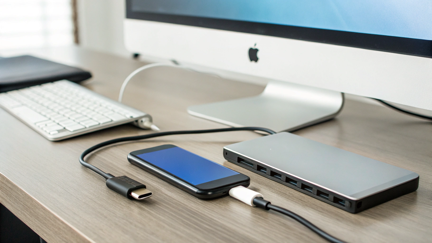 USB‑C→HDMI адаптер и USB‑C хаб рядом со смартфоном и монитором