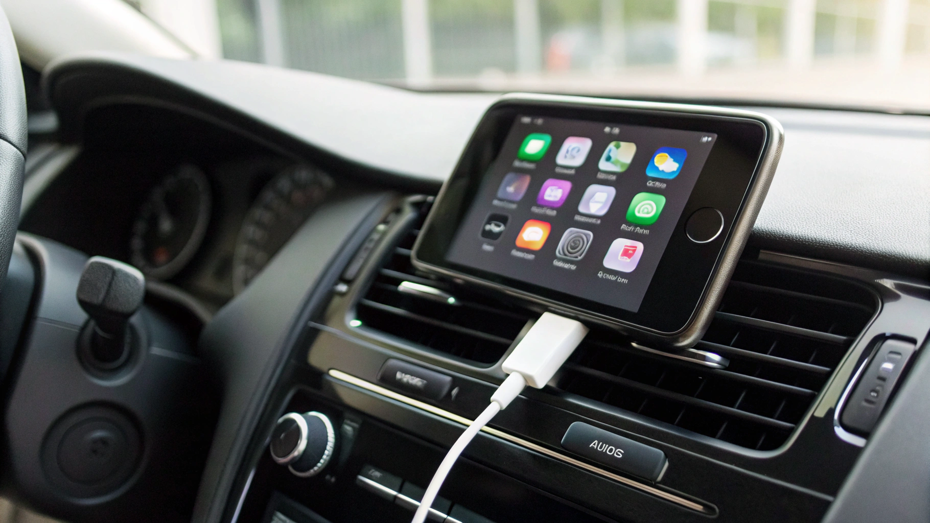 Экран мультимедиа с предложением подключить Apple CarPlay по кабелю