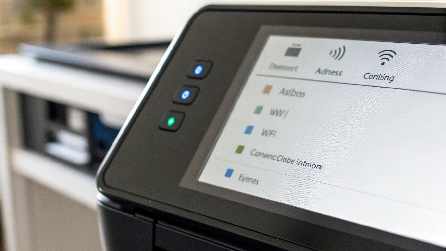 Экран настроек сети принтера с IP‑адресом и статусом подключения к Wi‑Fi