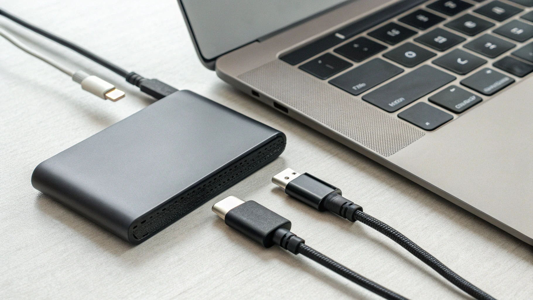 USB‑C кабели и переходники рядом с MacBook и внешним SSD для проверки подключения