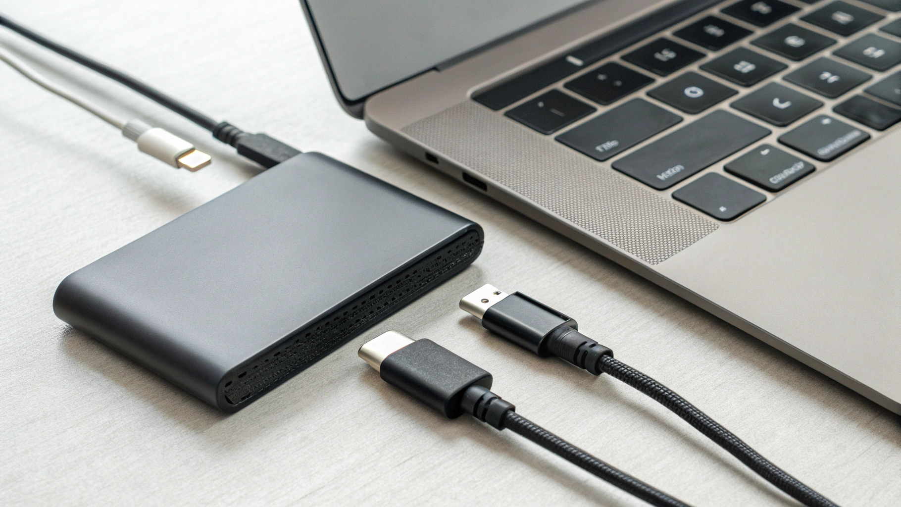 USB‑C кабели и переходники рядом с MacBook и внешним SSD для проверки подключения