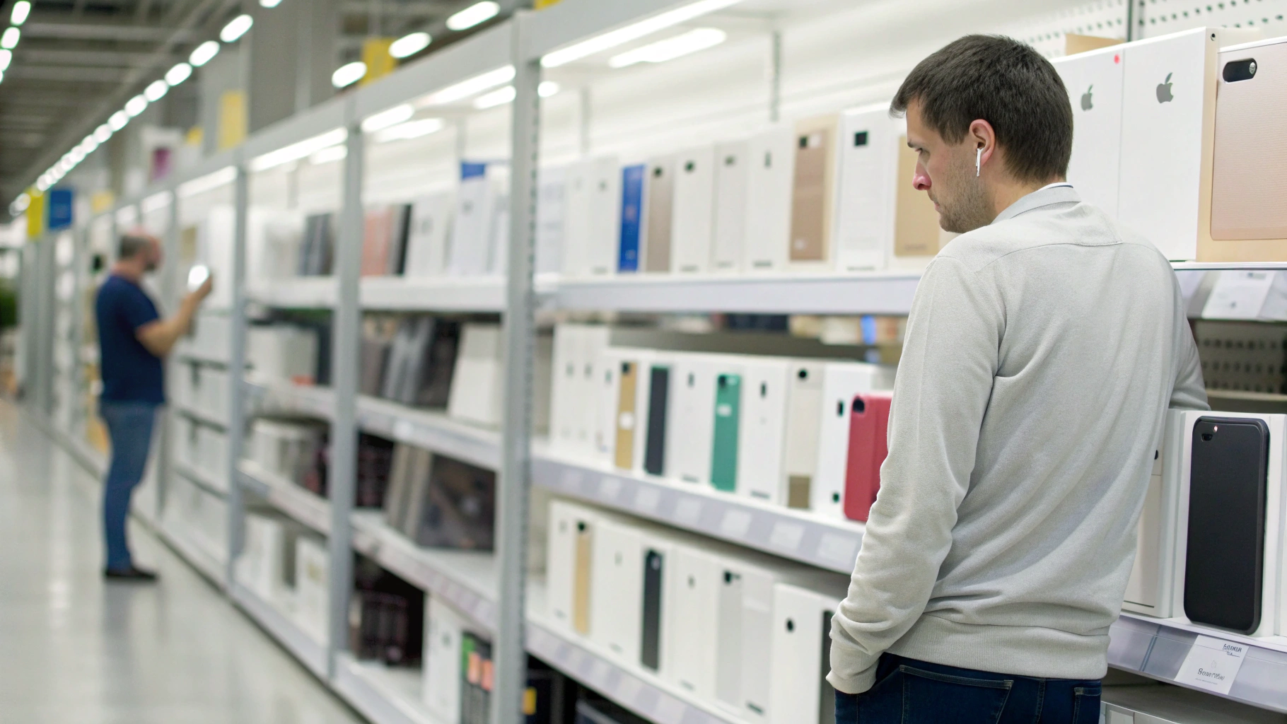 Покупатель сравнивает цены на разные поколения iPhone в магазине