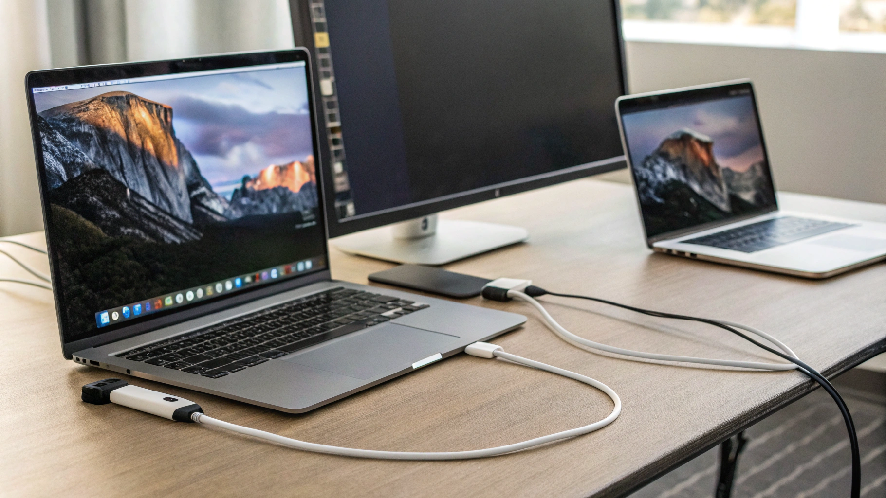 Два внешних монитора и кабели USB‑C/HDMI для проверки подключения к MacBook