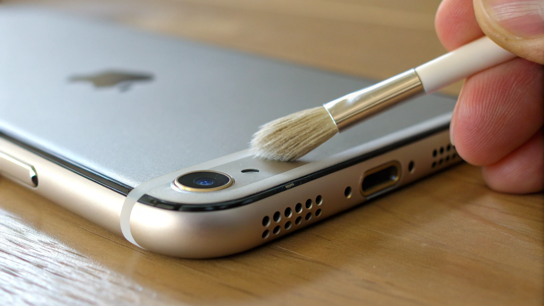 Очистка отверстий микрофона iPhone мягкой щёткой