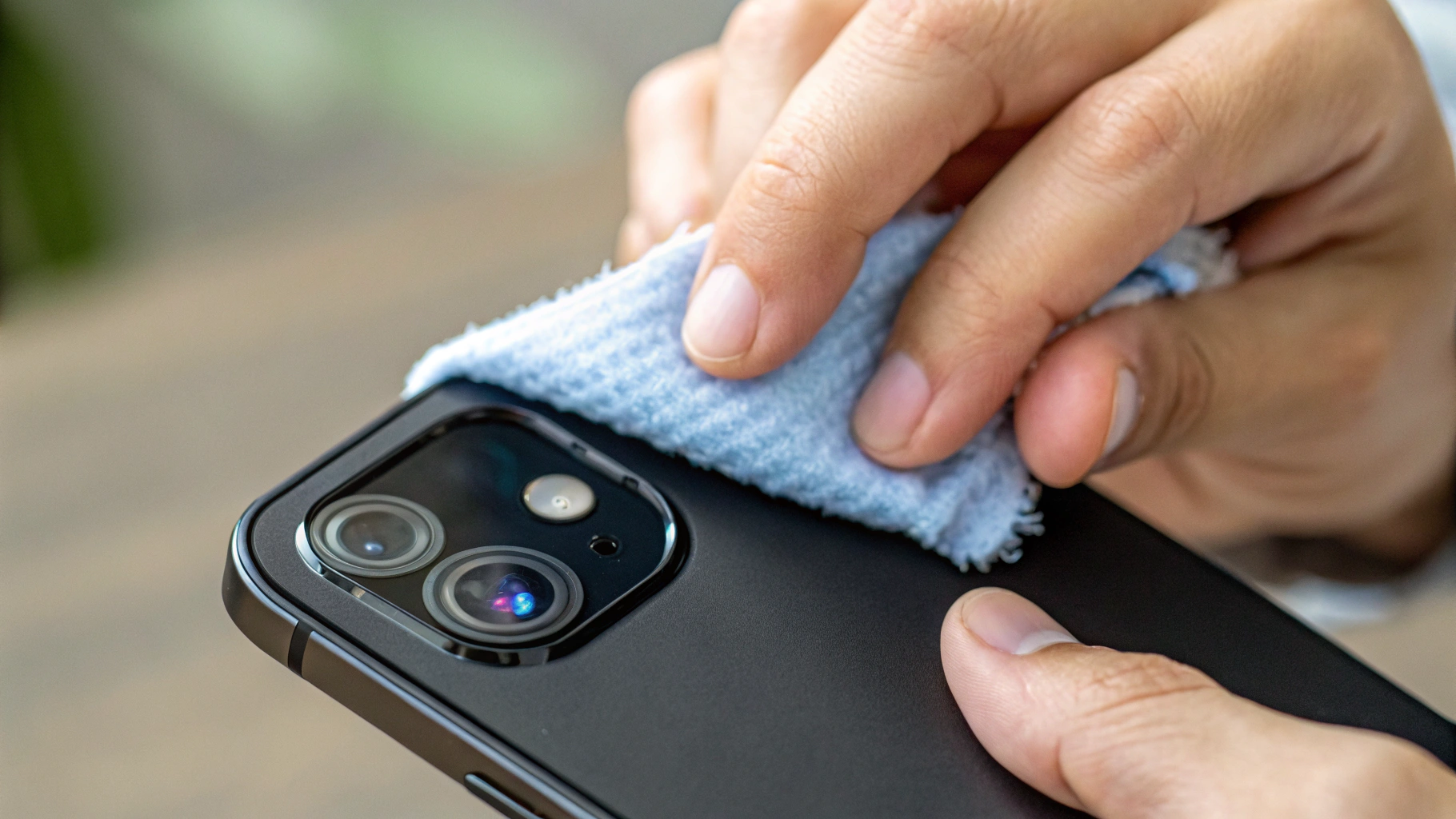 Протирают стекло камеры смартфона салфеткой из микрофибры перед съемкой