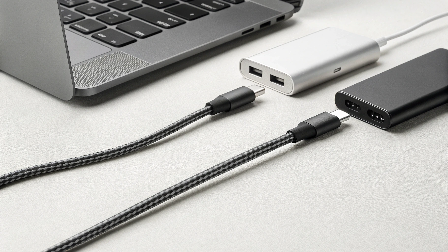 Сравнение USB‑C кабелей разной мощности рядом с адаптером и ноутбуком