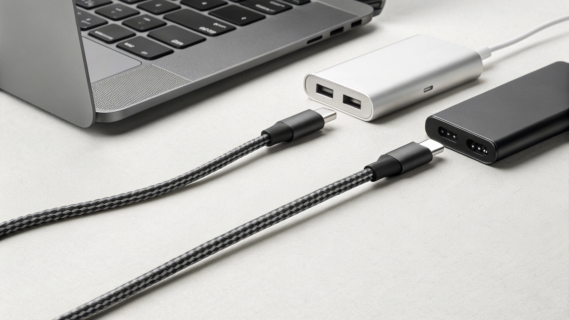 Сравнение USB‑C кабелей разной мощности рядом с адаптером и ноутбуком