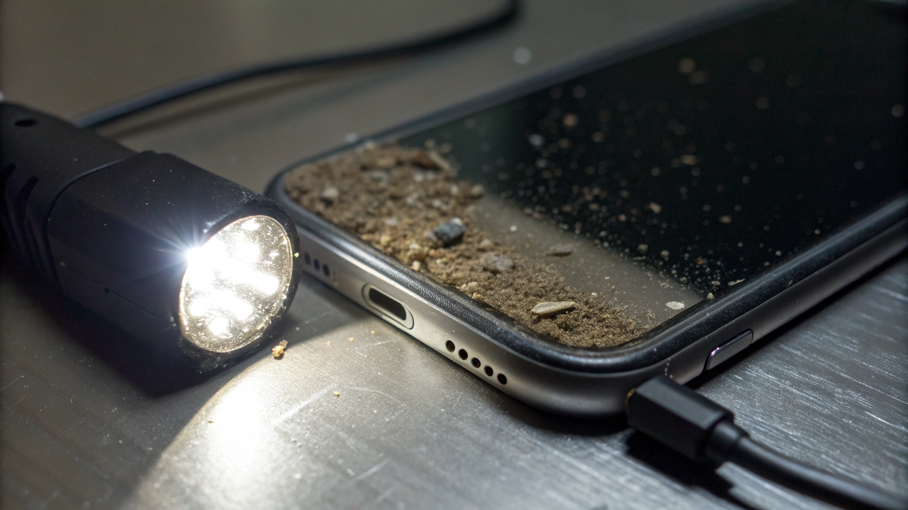 Проверка разъёма iPhone фонариком: видно пыль и ворс в порту
