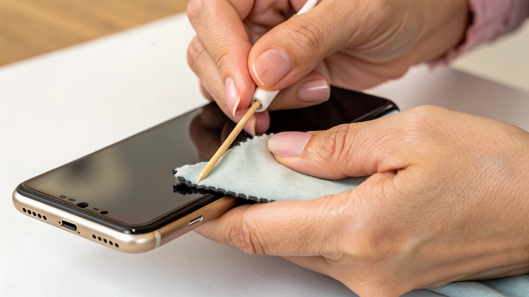 Аккуратная чистка разъёма iPhone деревянной зубочисткой без металлических предметов