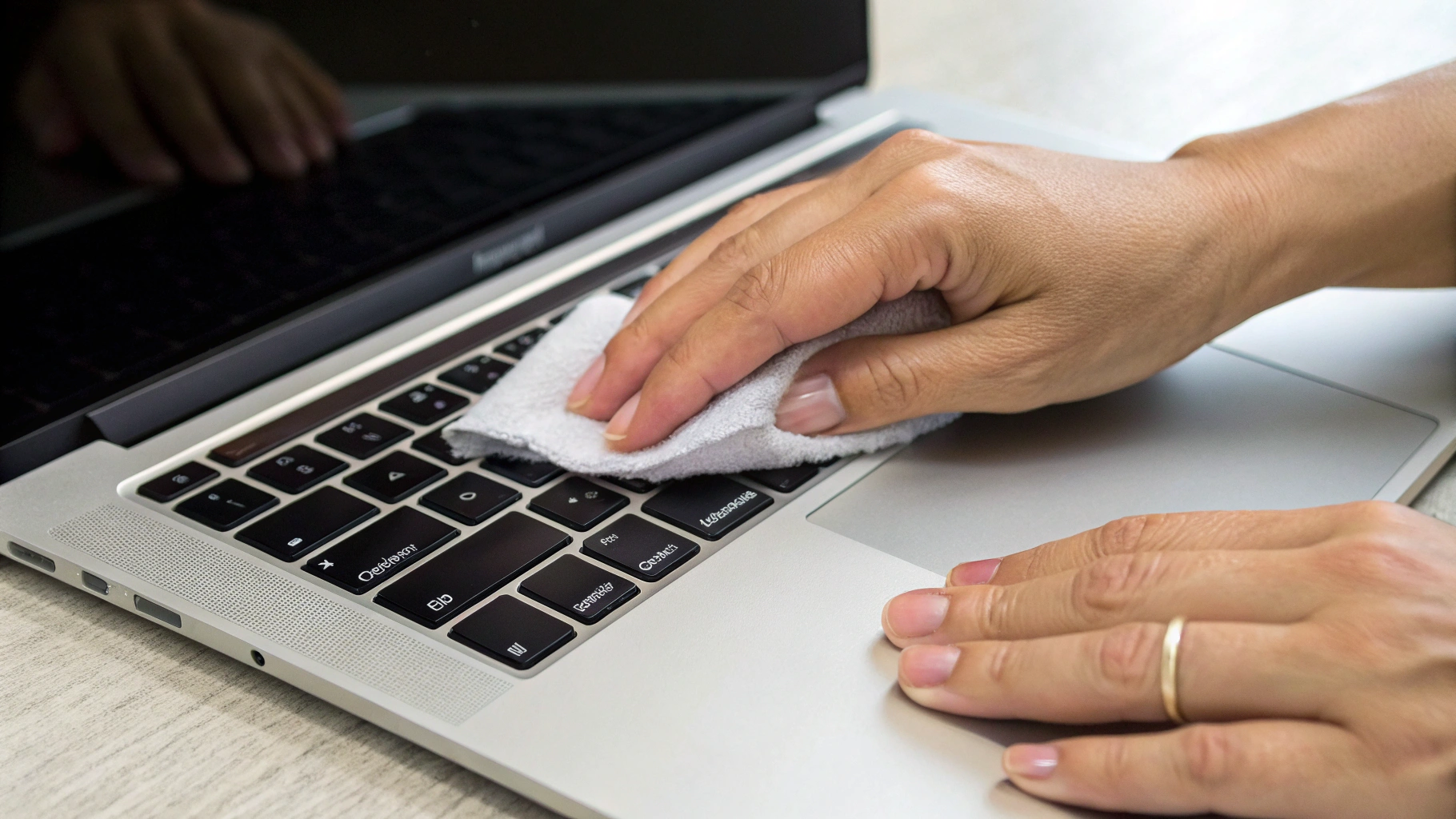 Протирают кнопку Touch ID на MacBook мягкой салфеткой