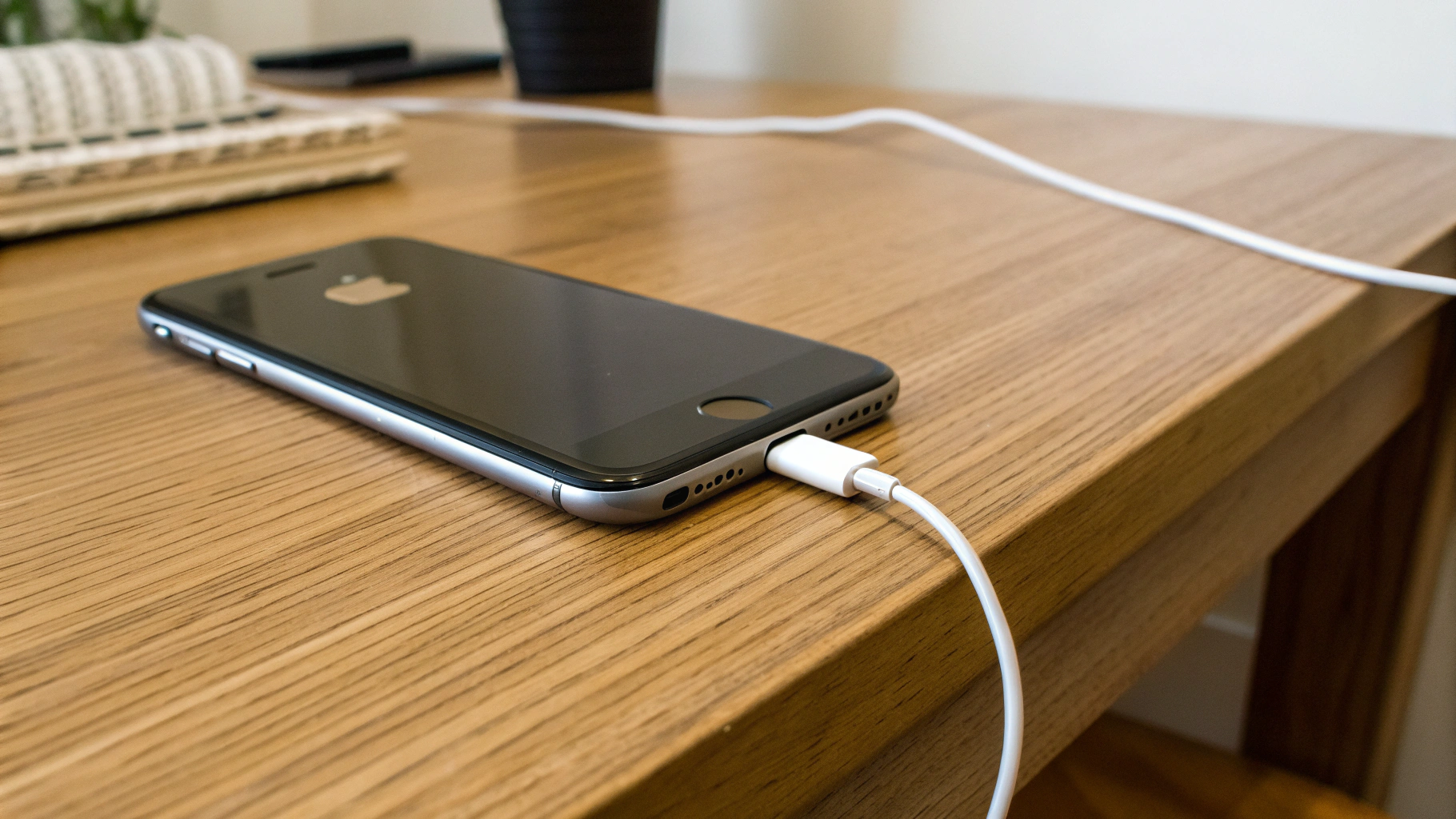 iPhone снят с зарядки и остывает на столе в тени