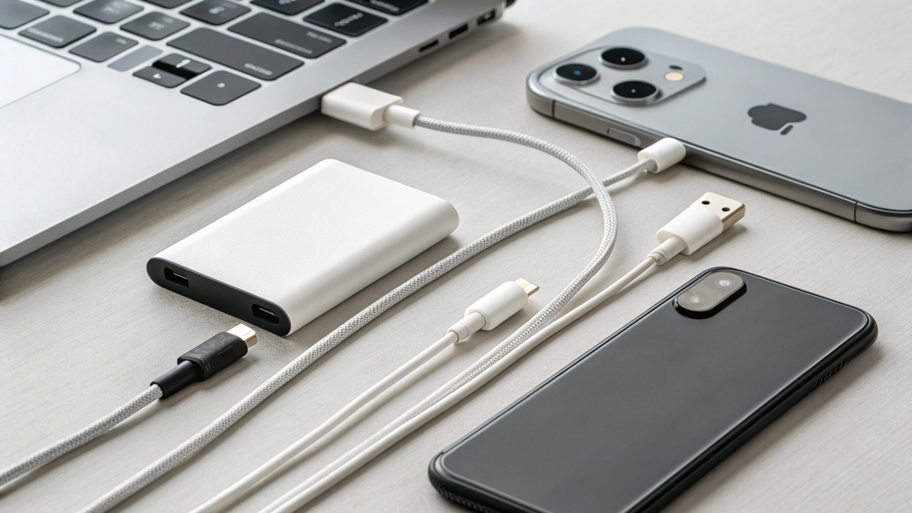 USB‑C кабели и переходники рядом с iPhone и внешним накопителем для проверки подключения