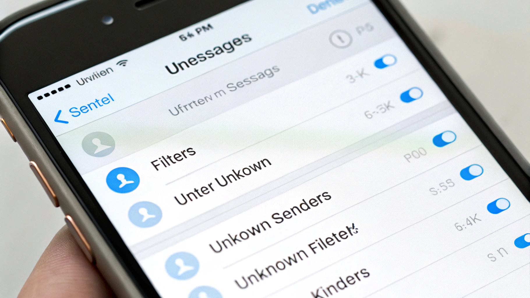 Экран iPhone с приложением «Сообщения»: фильтры и раздел «Неизвестные отправители»