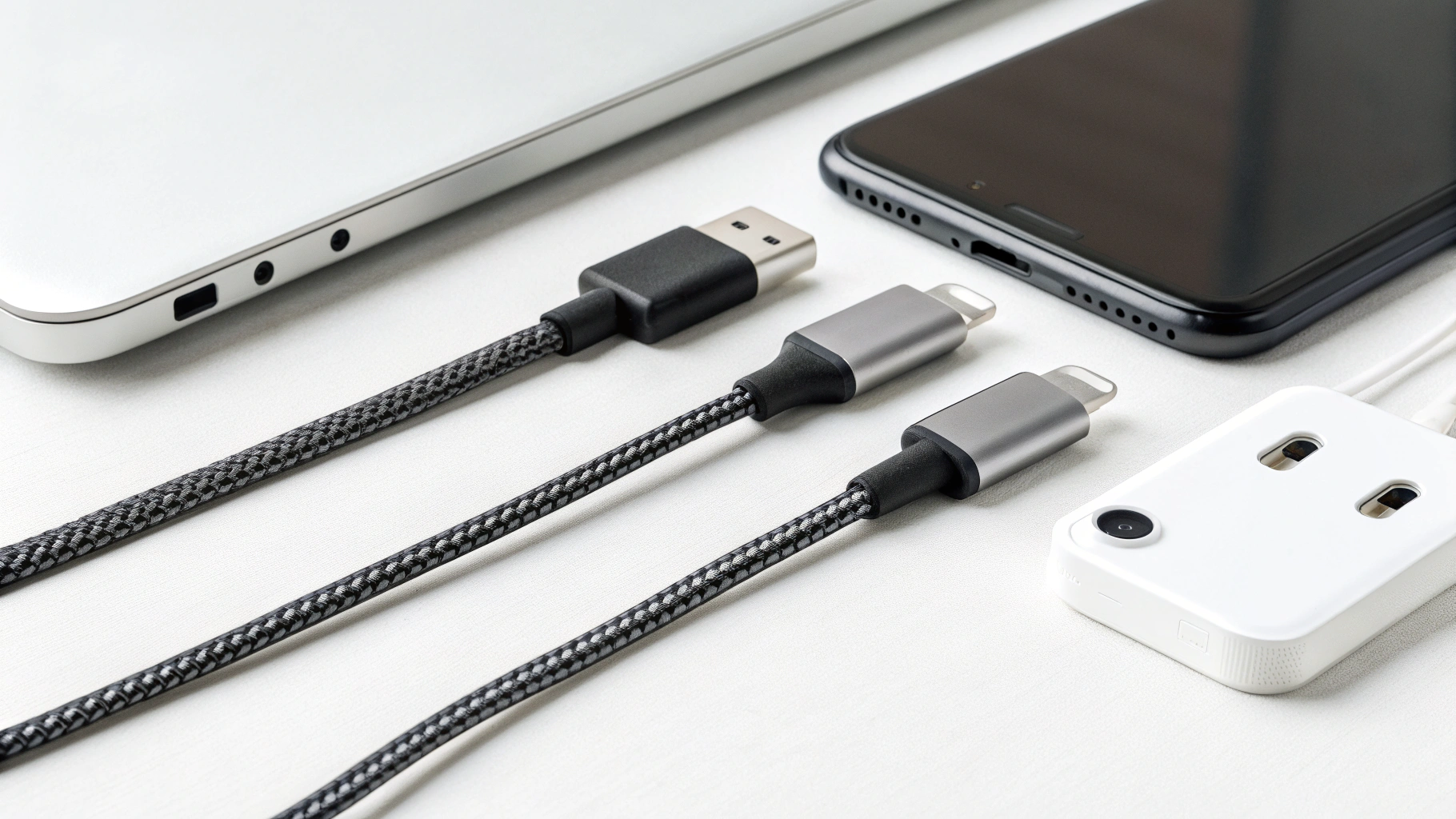 Кабели USB‑C и многопортовая зарядка рядом с iPhone и iPad