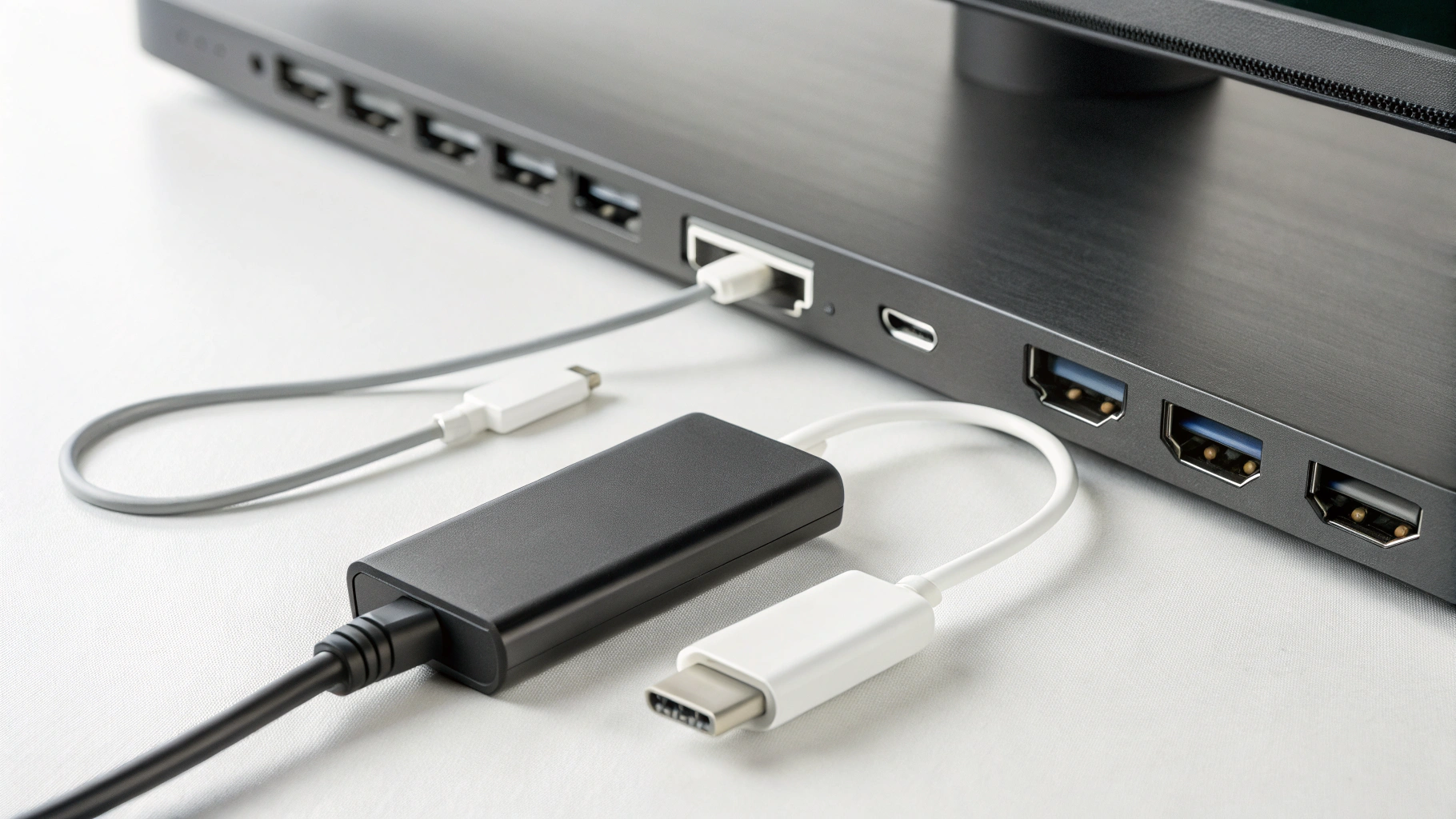 Адаптер и кабель USB‑C → DisplayPort рядом с разъёмами 4K-монитора для подключения к MacBook