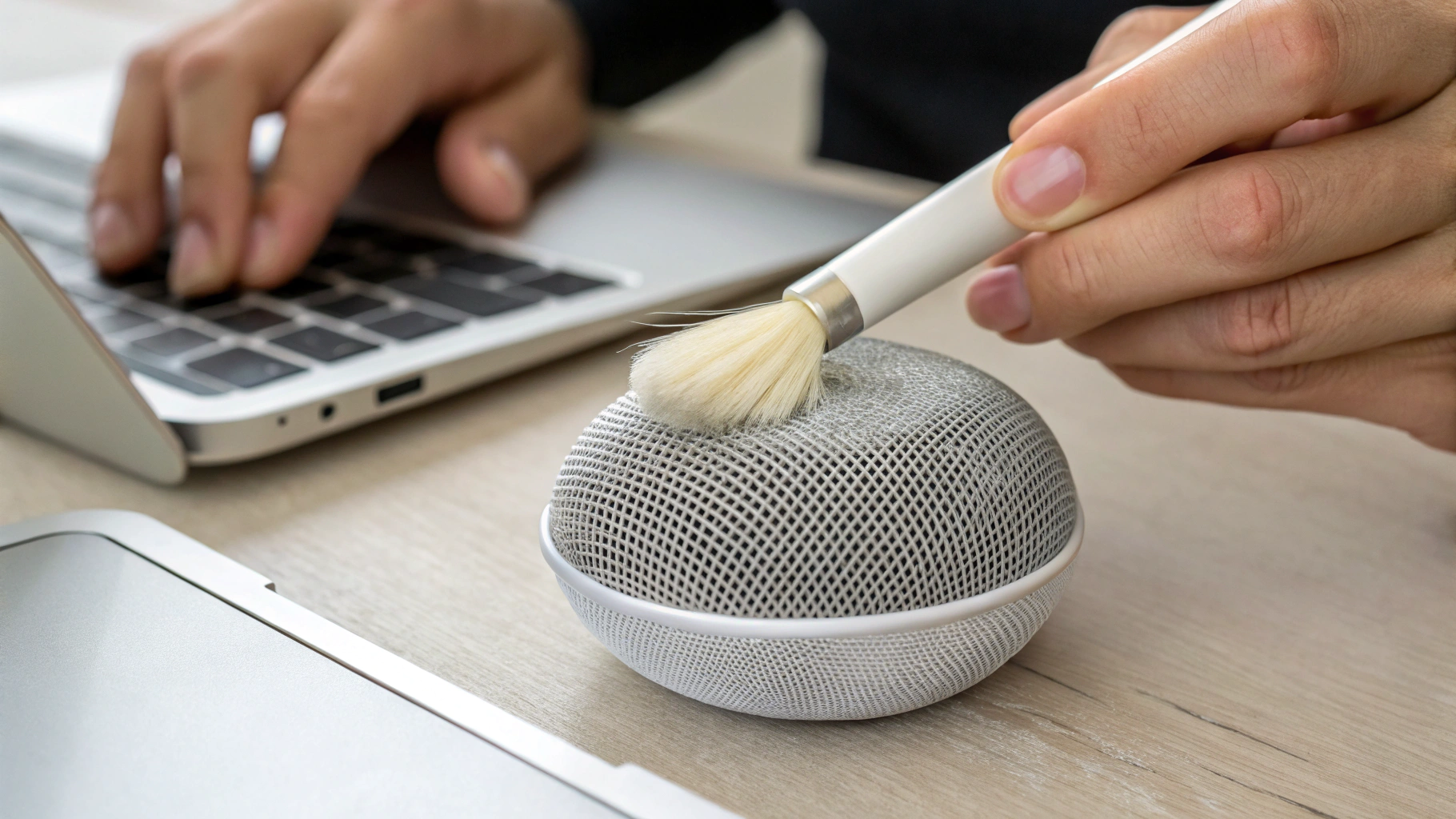 Аккуратная чистка сетки и решёток AirPods мягкой щёткой