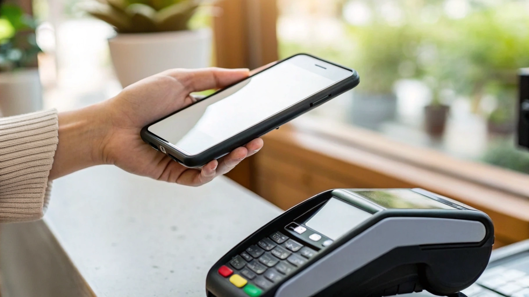 Оплата телефоном через NFC: смартфон у терминала и подтверждение платежа