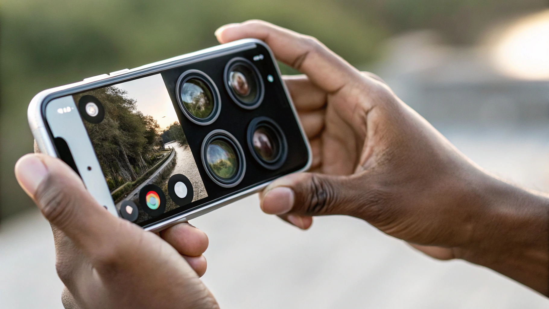 Смартфон в руках с переключением зума камеры 0.5x, 1x и 2x на экране