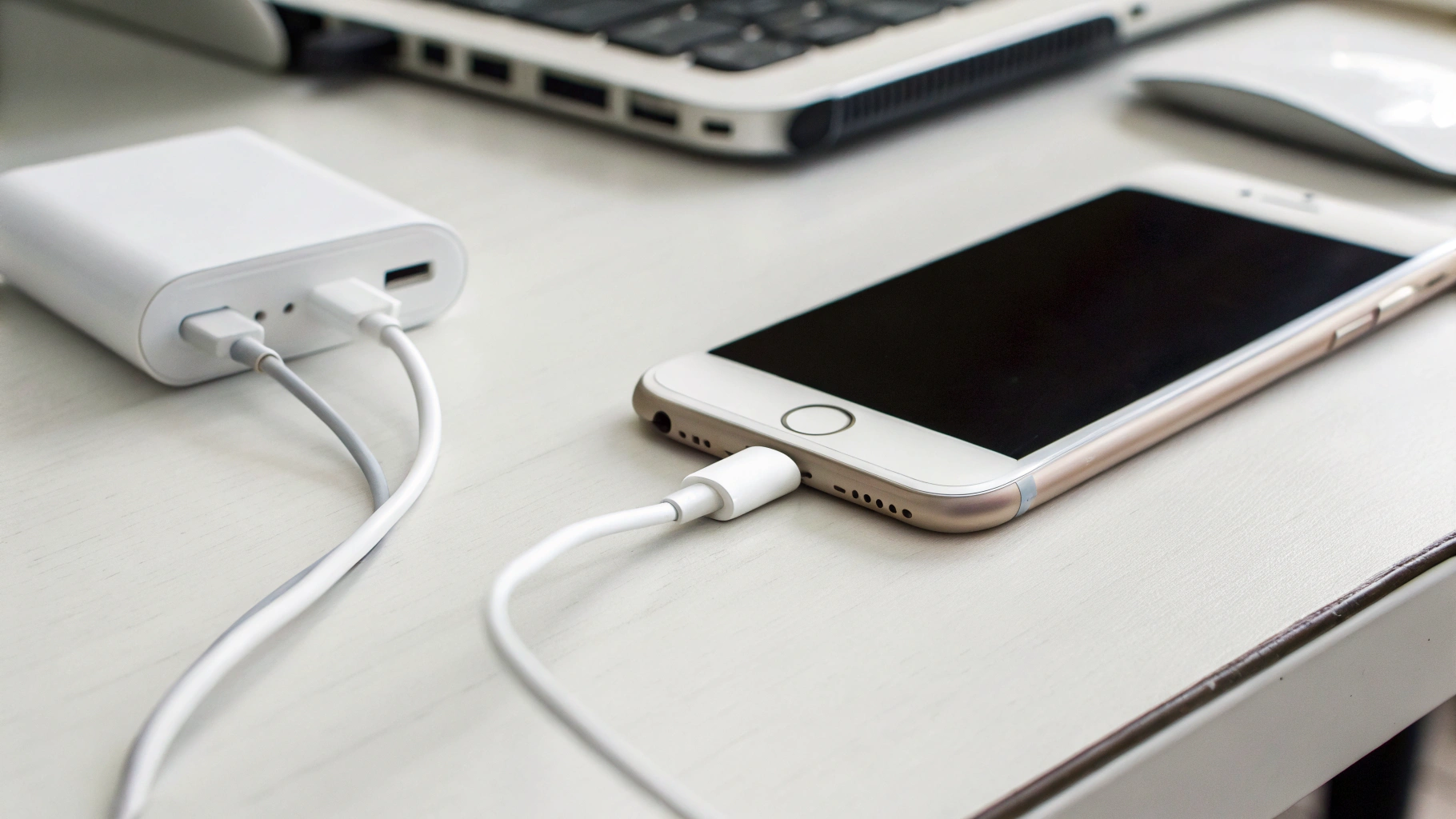 Проверка питания: iPhone на зарядке, кабель и адаптер рядом