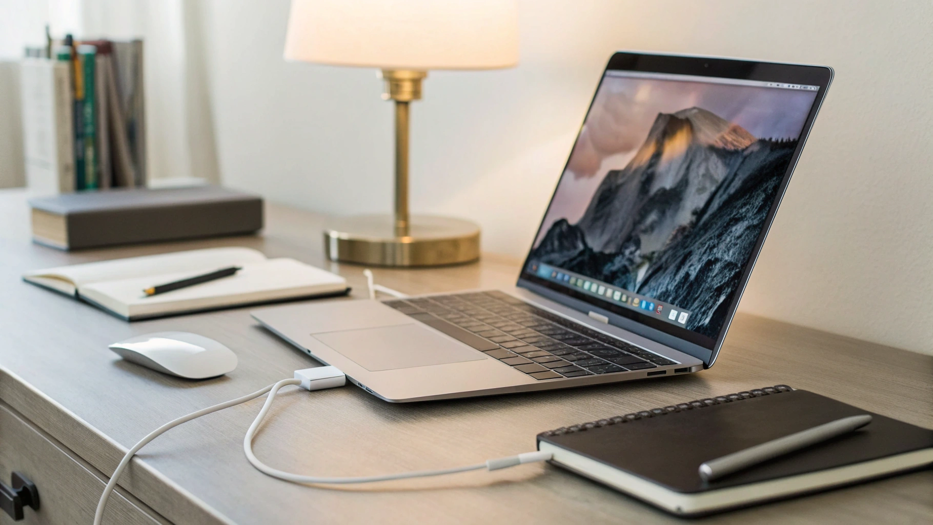 MacBook, подключённый к зарядке, в рабочем сценарии на столе